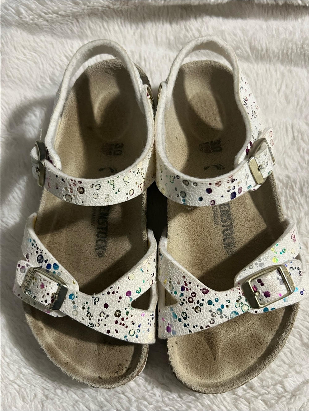 Birkenstock White Kids Sandals with Multicolor Glitter Accents